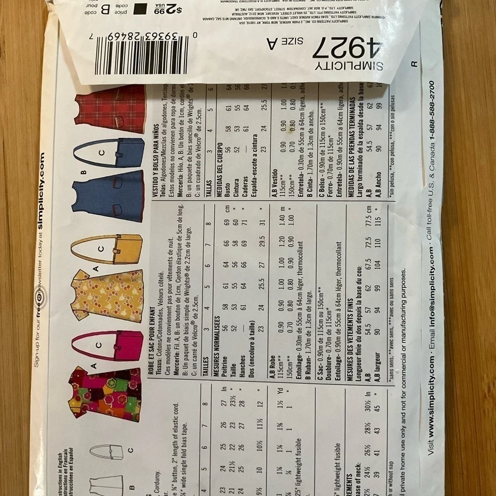 Simplicity 4927 Pattern Child’s Dress and Bag Size A 3-8 It’s So Easy